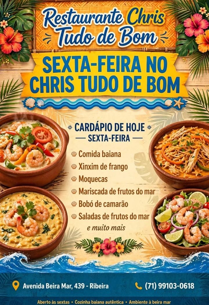 RESTAURANTE CHRIS TUDO DE BOM. RIBEIRA. SALVADOR BAHIA. ESPECIALISTA EM FRUTOS DO MAR. https://www.instagram.com/christudodebom/ AVENIDA BEIT=R MAR, 439, RIBEIRA, SALVADOR BAHIA. CONTATO CRIS LISBOA 71 99103061 QUENTINHAS E MARMITAS