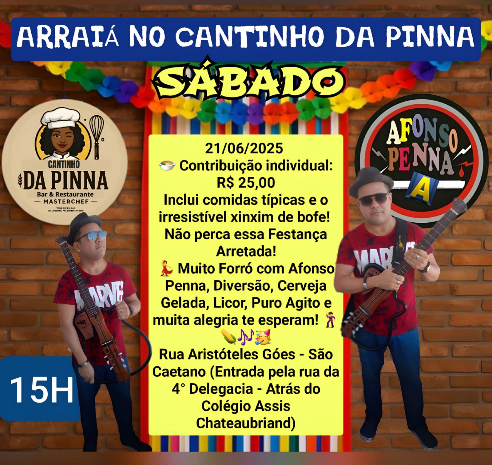 ARRAIÁ CANTIINHO DA PINNA  DIA 21.06.2025, ÁS 15 HS, É SHOW DE FORRÓ. VENHA SOLTAR SUA VOZ E ENCONTRAR OS  AMIGOS  DE SEMPRE.   EM SÃO CAETANO 17 HS BAR & SHOW . SALVADOR, BAHIA  CONTATO PINNA PARA SHOWS E EVENTOS : +55 71 99299-5174