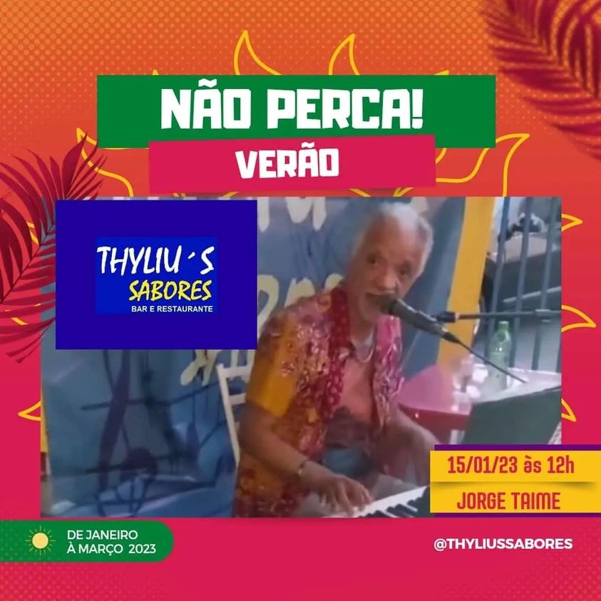 CANTOR JORGE TAIME. SHOWS THULIS'S SABORES. CONTATOS PARA EVENTOS + 55 71 99257-5683. Vai começar a temporada de verão ,todo domingo às 13 hs no restaurante Thylius no ogunja venha pro almoço musical com Jorge Taime voz , teclado e convidados. https://youtu.be/p9akqjfTLpM.